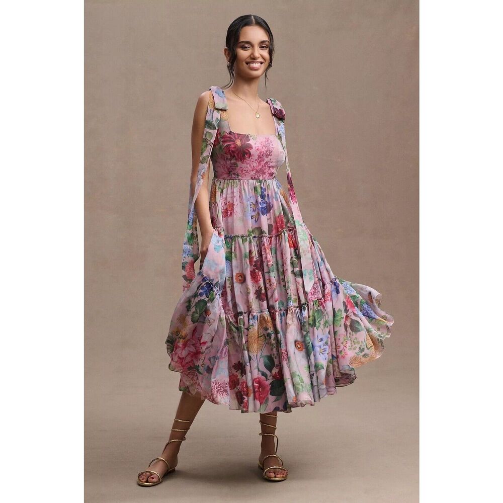 Anthropologie BHLDN Isabella Tiered Square Neck A Line Organza Midi Dress 6